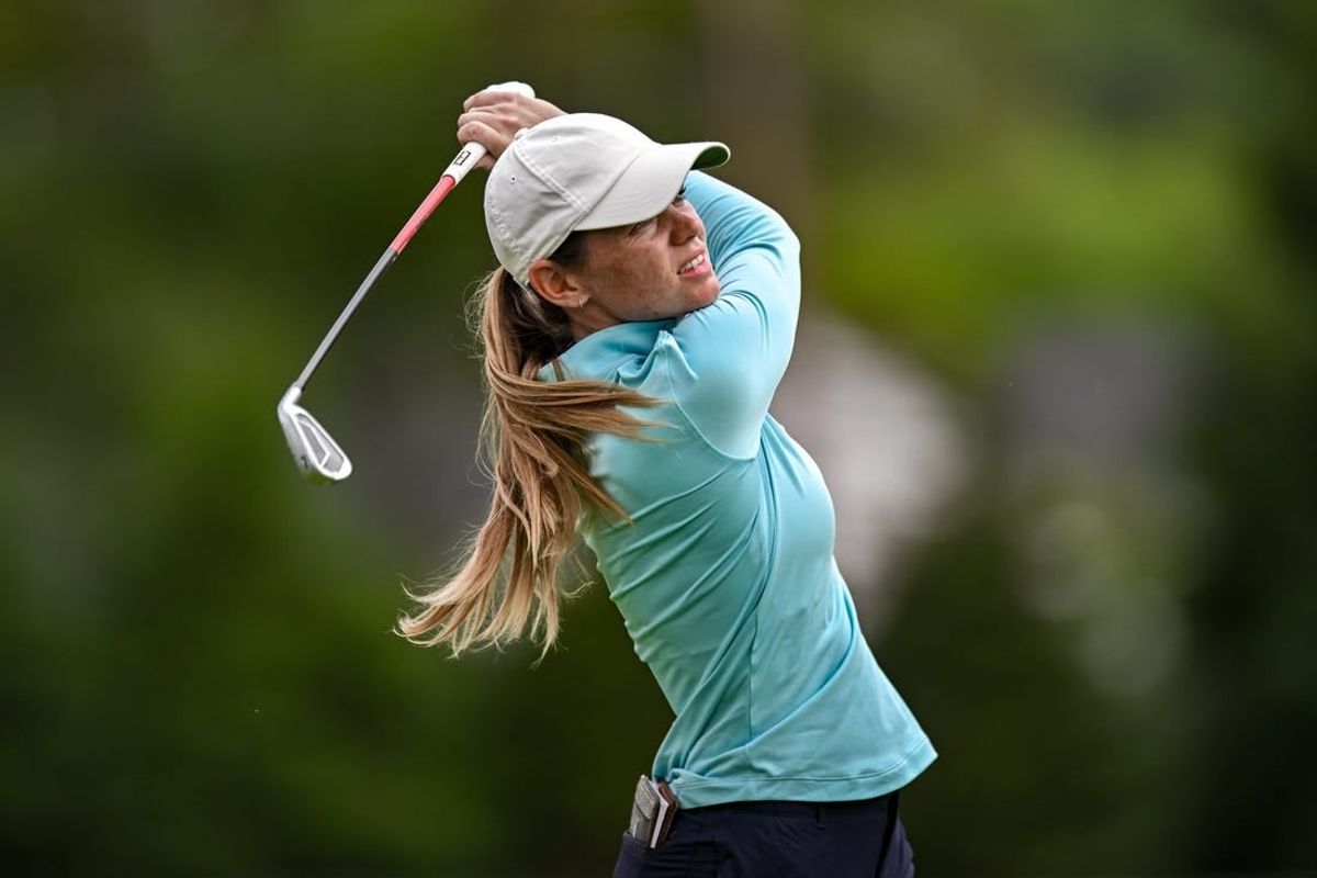 Jun 24, 2023; Springfield, New Jersey, USA; Sarah Schmelzel tees off on the 4th hole during the third round of the KPMG Women's PGA Championship golf tournament.