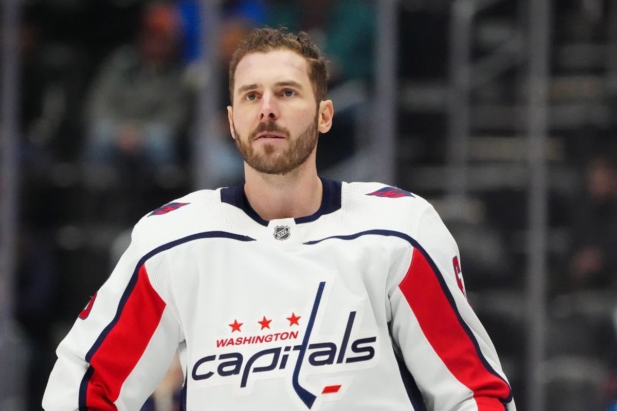Jan 24, 2024; Denver, Colorado, USA; Washington Capitals defenseman Joel Edmundson (6) before the game against the Colorado Avalanche at Ball Arena.