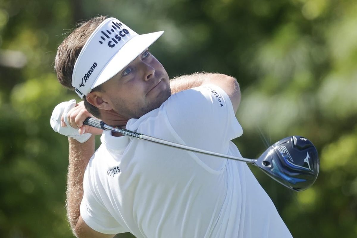Mar 23, 2024; Palm Harbor, Florida, USA; Keith Mitchell plays his shot on the first tee during the third round of the Valspar Championship golf tournament.