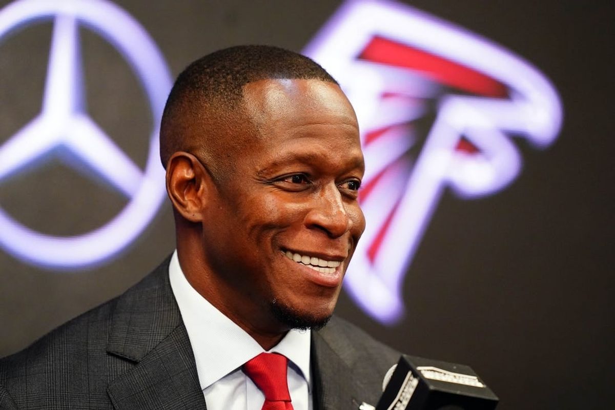 Feb 5, 2024; Atlanta, GA, USA; Raheem Morris address the media after being introduced as the new head coach of the Atlanta Falcons at Mercedes-Benz Stadium.