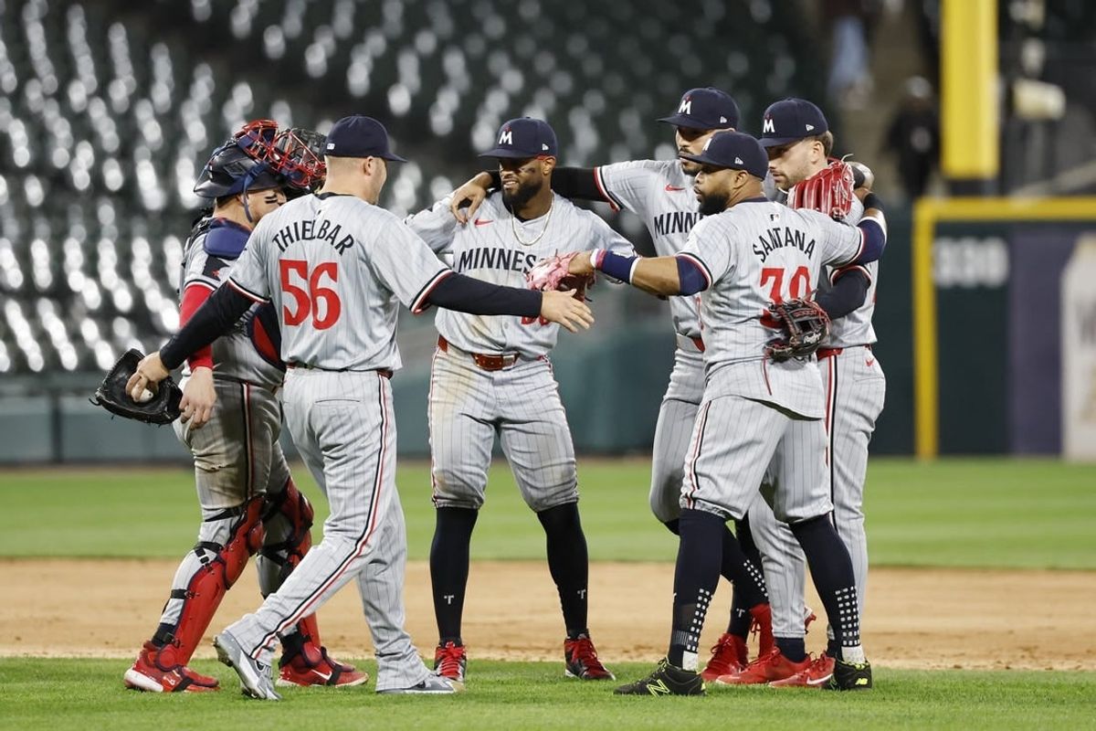 Apr 29, 2024; Chicago, Illinois, USA; Minnesota Twins players celebrate after defeating the Chicago White Sox in a baseball game at Guaranteed Rate Field.