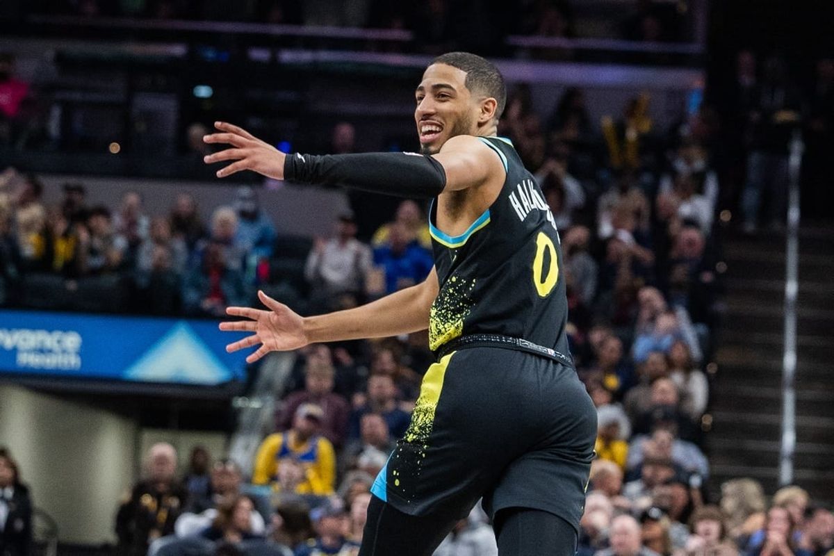 Feb 28, 2024; Indianapolis, Indiana, USA; Indiana Pacers guard Tyrese Haliburton (0) celebrates a basket in the second half against the New Orleans Pelicans at Gainbridge Fieldhouse.