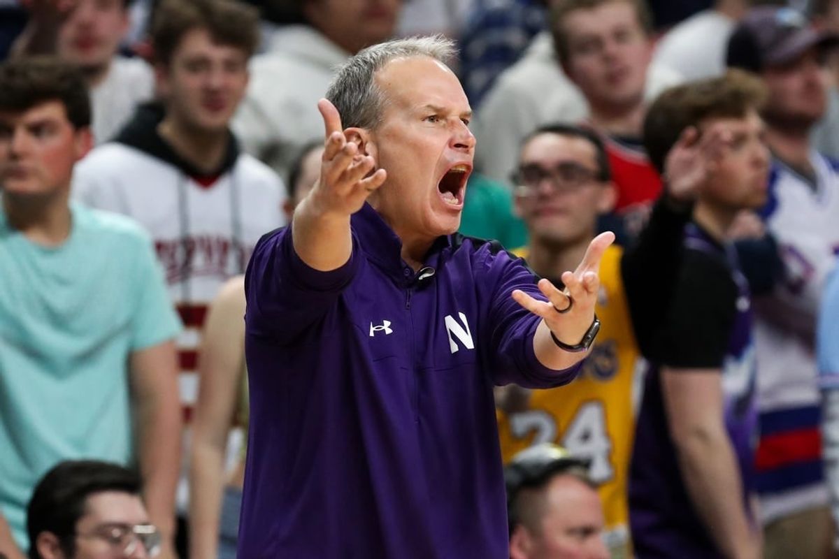 Jan 10, 2024; University Park, Pennsylvania, USA; Northwestern Wildcats head coach Chris Collins argues a call from the bench during the first half against the Penn State Nittany Lions at Bryce Jordan Center.