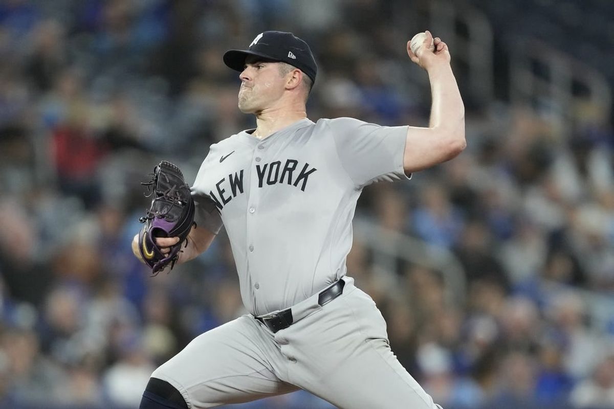 Apr 16, 2024; Toronto, Ontario, CAN; New York Yankees starting pitcher Carlos Rodon (55) pitches to the Toronto Blue Jays during the fourth inning at Rogers Centre.