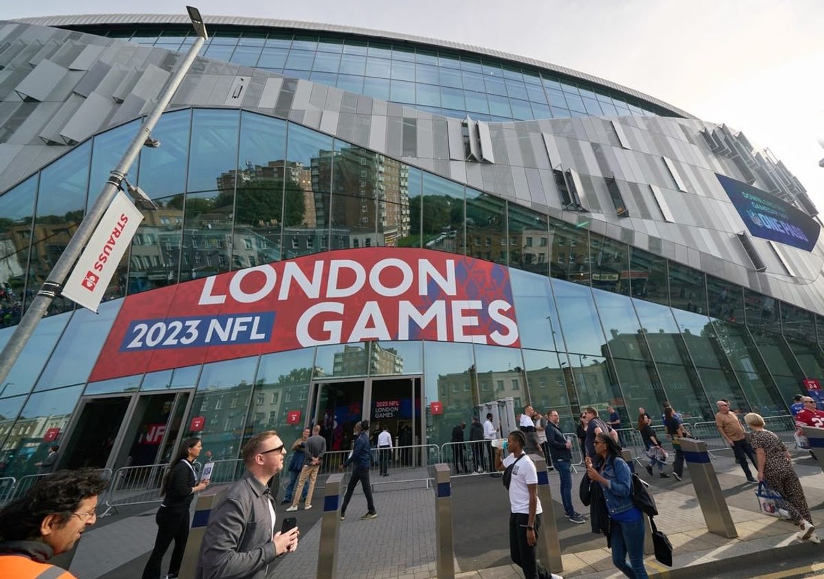 Oct 8, 2023; London, United Kingdom; Fans outside the stadium before the first half of an NFL International Series game at Tottenham Hotspur Stadium.