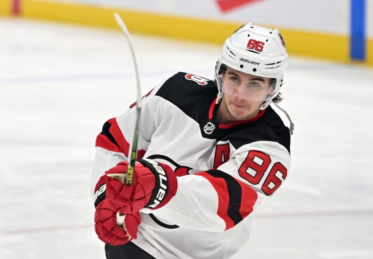 Nov 17, 2022; Toronto, Ontario, CAN; New Jersey Devils forward Jack Hughes (86) warms up before the game against the Toronto Maple Leafs at Scotiabank Arena.