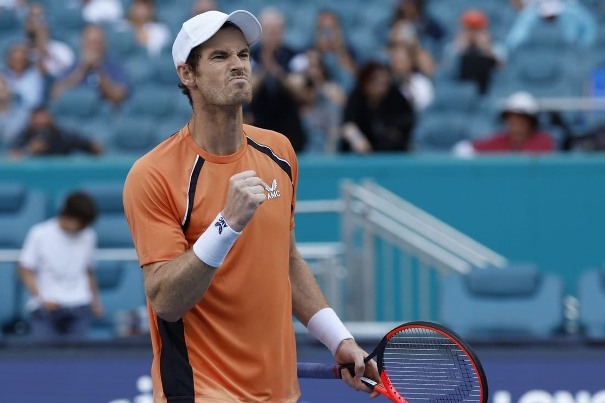 Mar 20, 2024; Miami Gardens, FL, USA; Andy Murray (GBR) celebrates after match point against Matteo Berrettini (ITA) (not pictured) on day three of the  Miami Open at Hard Rock Stadium.