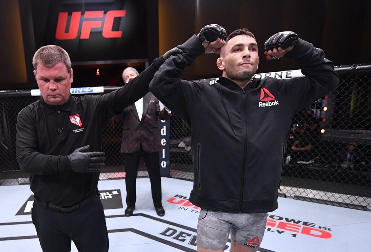 June 6, 2020; Las Vegas, NV, USA; Alex Perez celebrates after his TKO victory over Jussier Formiga in their flyweight bout  during UFC 250 at the UFC APEX.