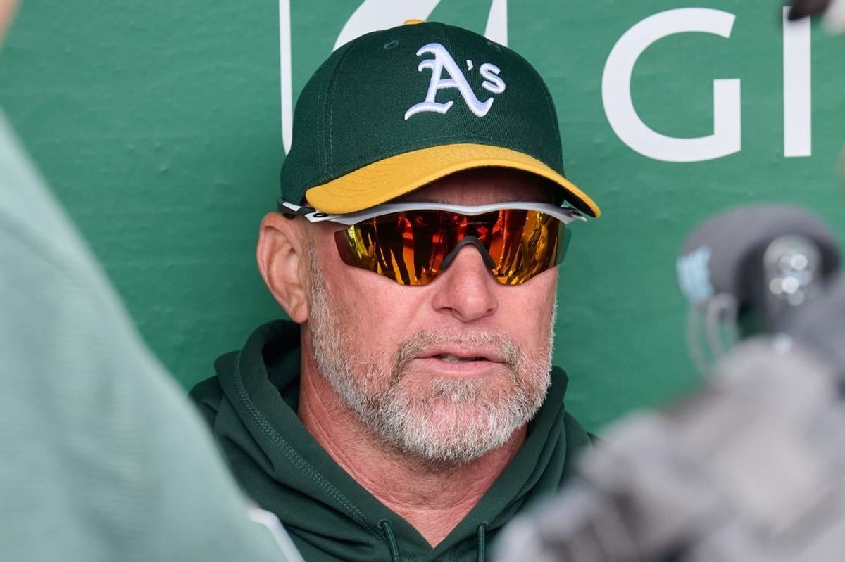 Apr 14, 2024; Oakland, California, USA; Oakland Athletics manager Mark Kotsay (7) talks with the media before the game between the Oakland Athletics and the Washington Nationals at Oakland-Alameda County Coliseum.