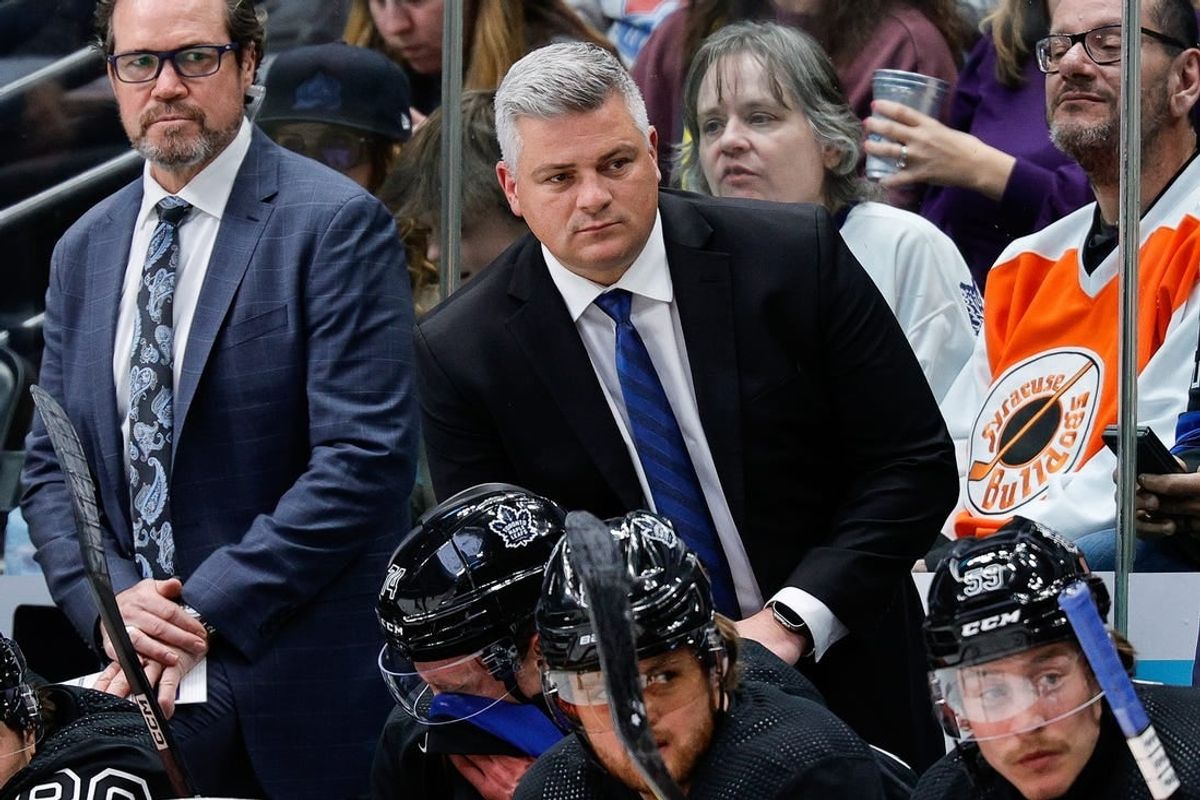 Feb 24, 2024; Denver, Colorado, USA; Toronto Maple Leafs head coach Sheldon Keefe looks on in the first period against the Colorado Avalanche at Ball Arena.