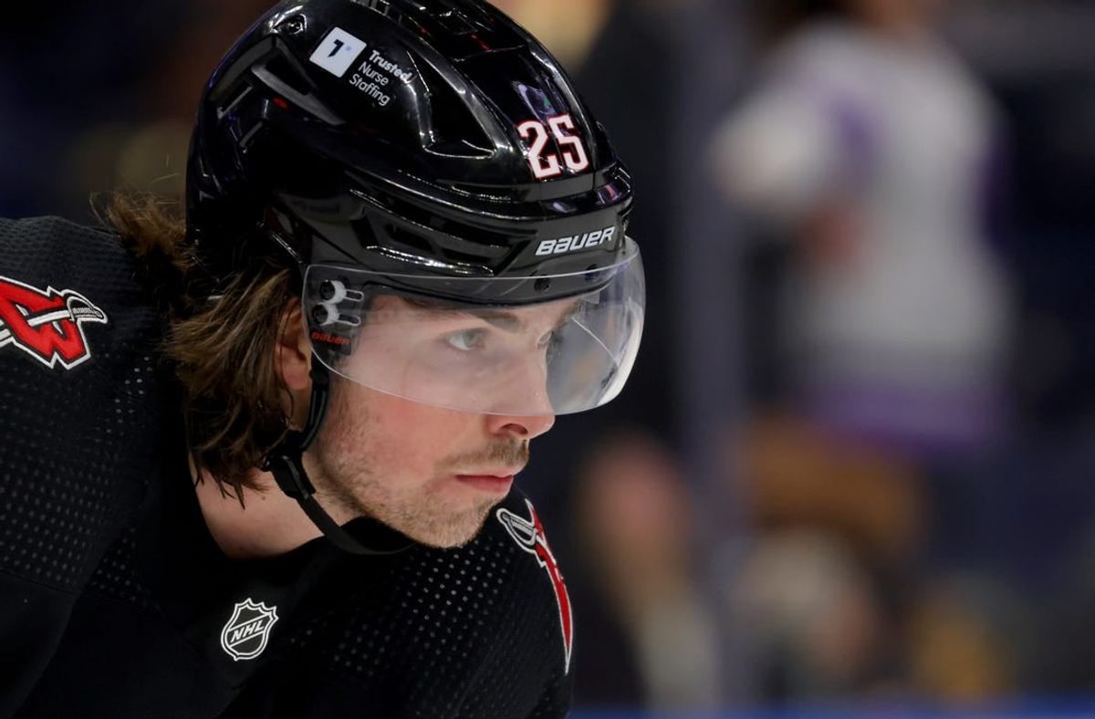 Jan 18, 2024; Buffalo, New York, USA;  Buffalo Sabres defenseman Owen Power (25) waits for the face-off during the third period against the Chicago Blackhawks at KeyBank Center.