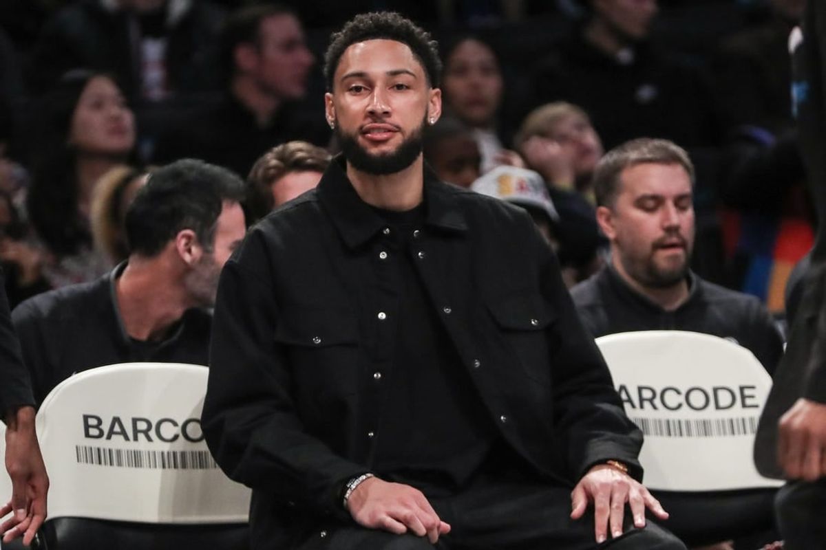 Feb 29, 2024; Brooklyn, New York, USA;  Brooklyn Nets guard Ben Simmons (not in uniform) sits on the bench in the first quarter against the Atlanta Hawks at Barclays Center.