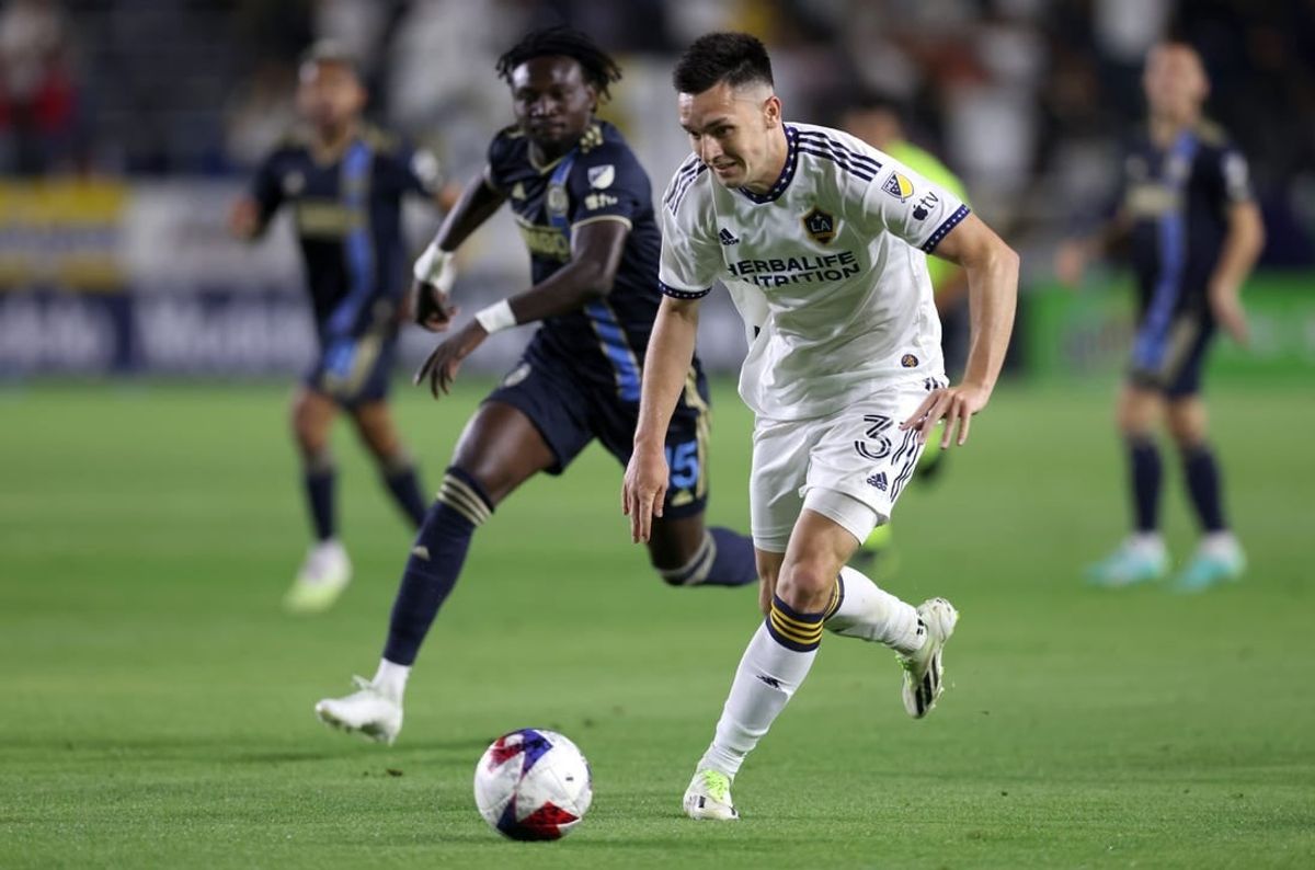 Jul 8, 2023; Carson, California, USA; Los Angeles Galaxy forward Preston Judd (31) dribbles during the second half against the Philadelphia Union at Dignity Health Sports Park.