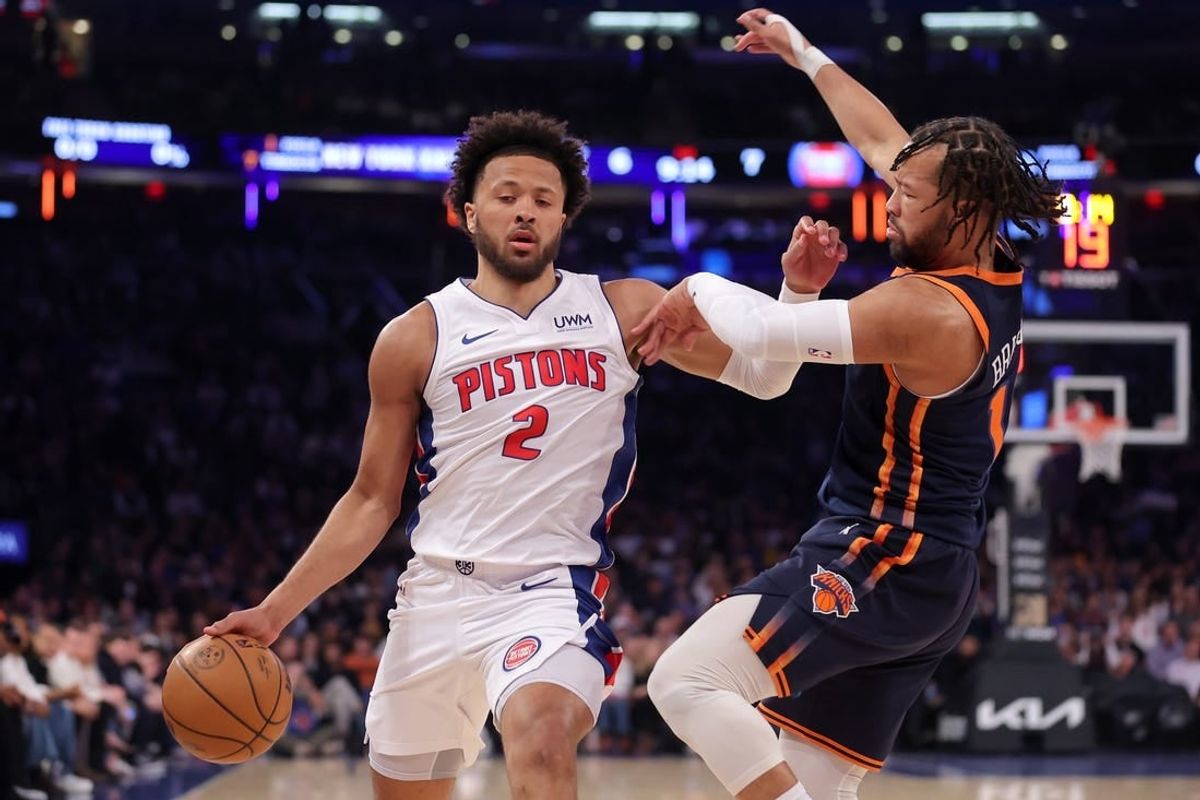 Feb 26, 2024; New York, New York, USA; Detroit Pistons guard Cade Cunningham (2) brings the ball up court against New York Knicks guard Jalen Brunson (11) during the first quarter at Madison Square Garden.