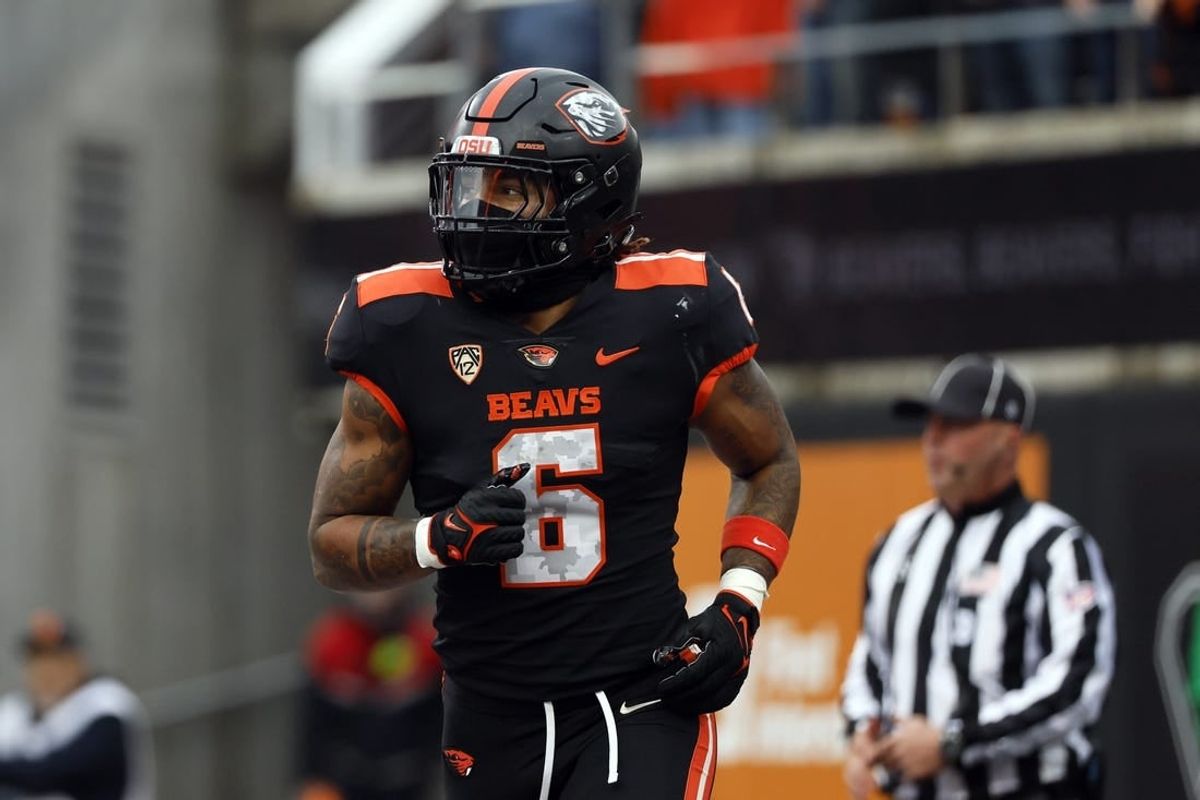 Nov 11, 2023; Corvallis, Oregon, USA; Oregon State Beavers running back Damien Martinez (6) celebrates after scoring a touchdown during the first half against the Stanford Cardinal at Reser Stadium.
