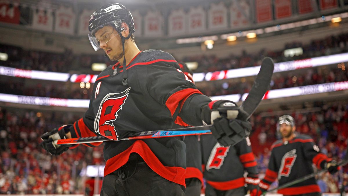 The Canes’  Sebastian Aho exits the ice following their 6-2 defeat in Game Seven of the Second Round of the 2022 Stanley Cup Playoffs against the Rangers.