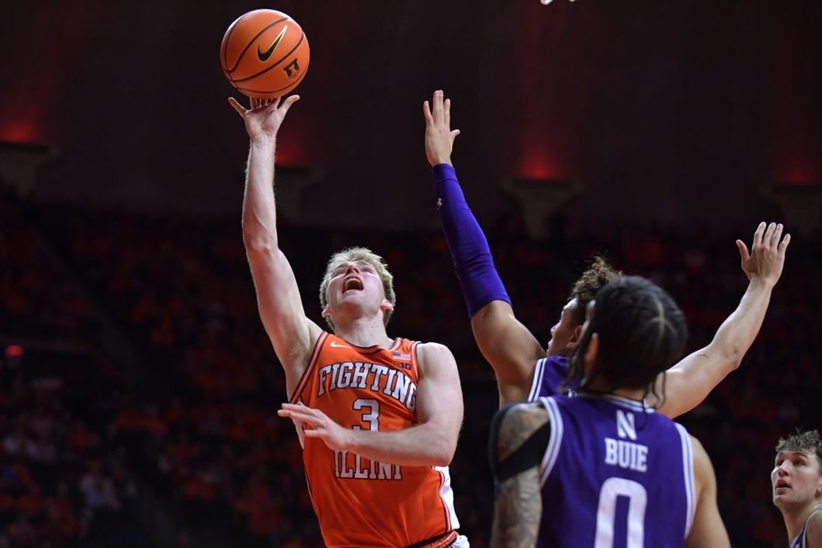 Jan 2, 2024; Champaign, Illinois, USA;  Illinois Fighting Illini guard Marcus Domask (3) shoots the ball during the first half against the Northwestern Wildcats at State Farm Center.