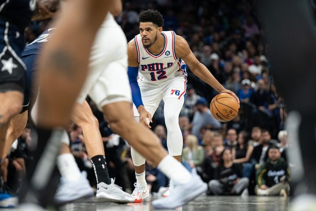 Dec 27, 2023; Orlando, Florida, USA; Philadelphia 76ers forward Tobias Harris (12) dribbles the ball against the Orlando Magic at Kia Center.