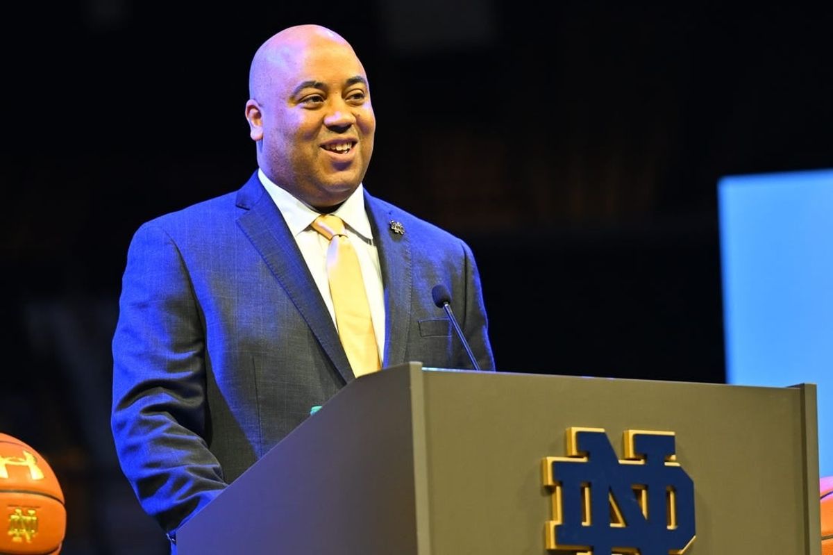 Mar 30, 2023; Notre Dame, IN, USA; Notre Dame Fighting Irish Head Men   s Basketball Coach Micah Shrewsberry speaks during his introductory press conference at the Purcell Pavilion.