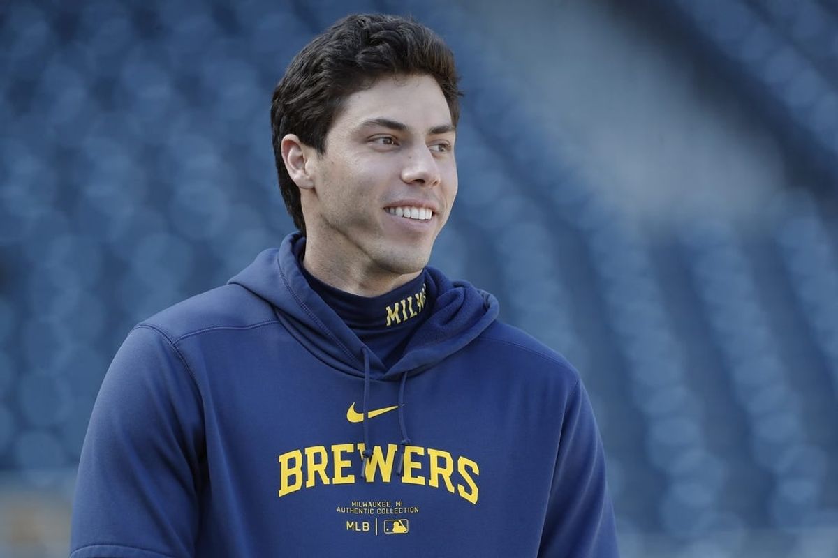 Apr 22, 2024; Pittsburgh, Pennsylvania, USA;  Milwaukee Brewers left fielder Christian Yelich (22) looks on before a game against the Pittsburgh Pirates at PNC Park.