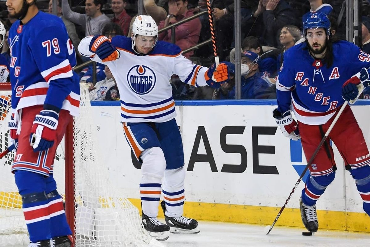 Dec 22, 2023; New York, New York, USA;  Edmonton Oilers left wing Zach Hyman (18) celebrates his goal against the New York Rangers during the third period at Madison Square Garden.