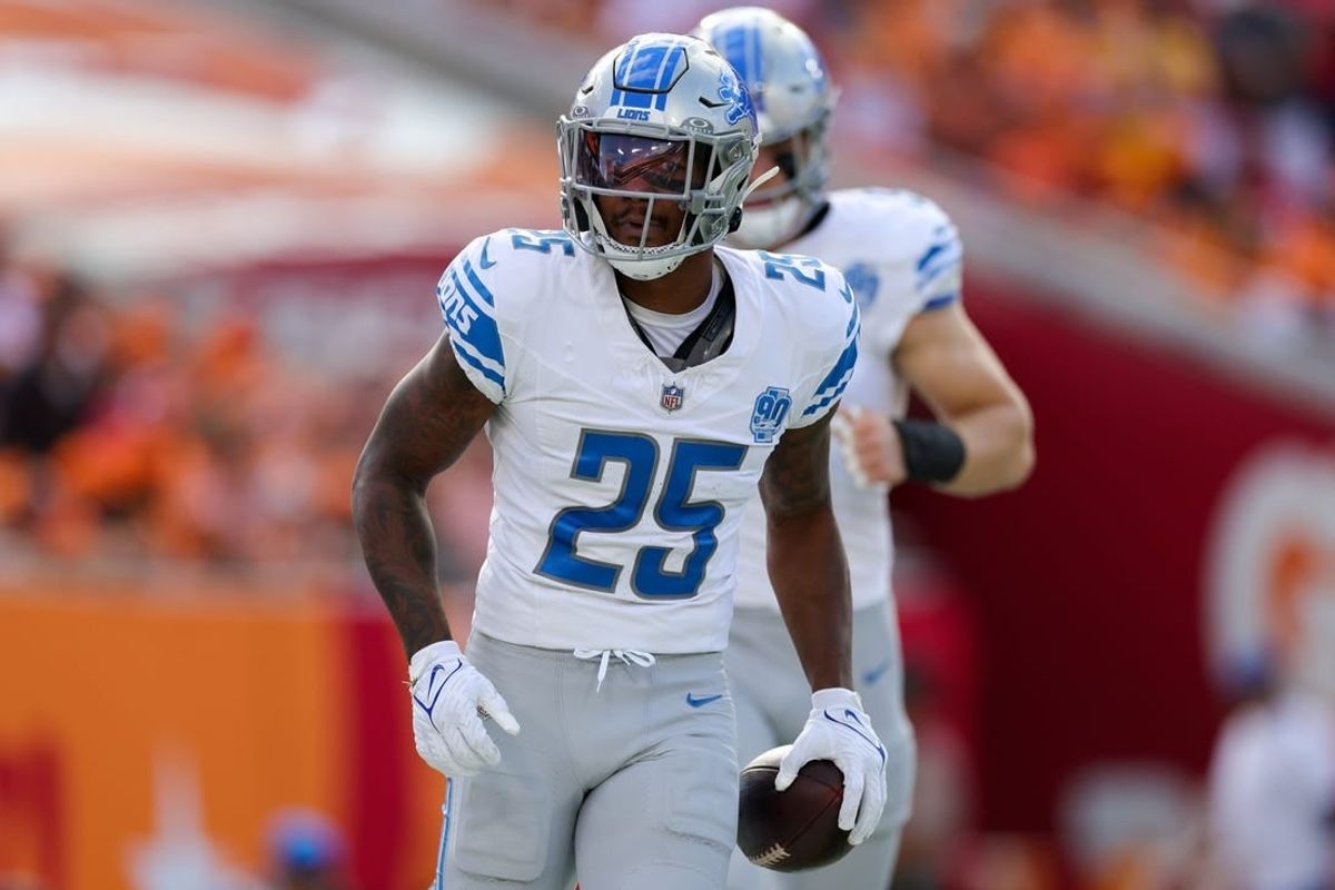 Oct 15, 2023; Tampa, Florida, USA;  Detroit Lions cornerback Will Harris (25) reacts after intercepting the ball against the Tampa Bay Buccaneers in the first quarter at Raymond James Stadium.