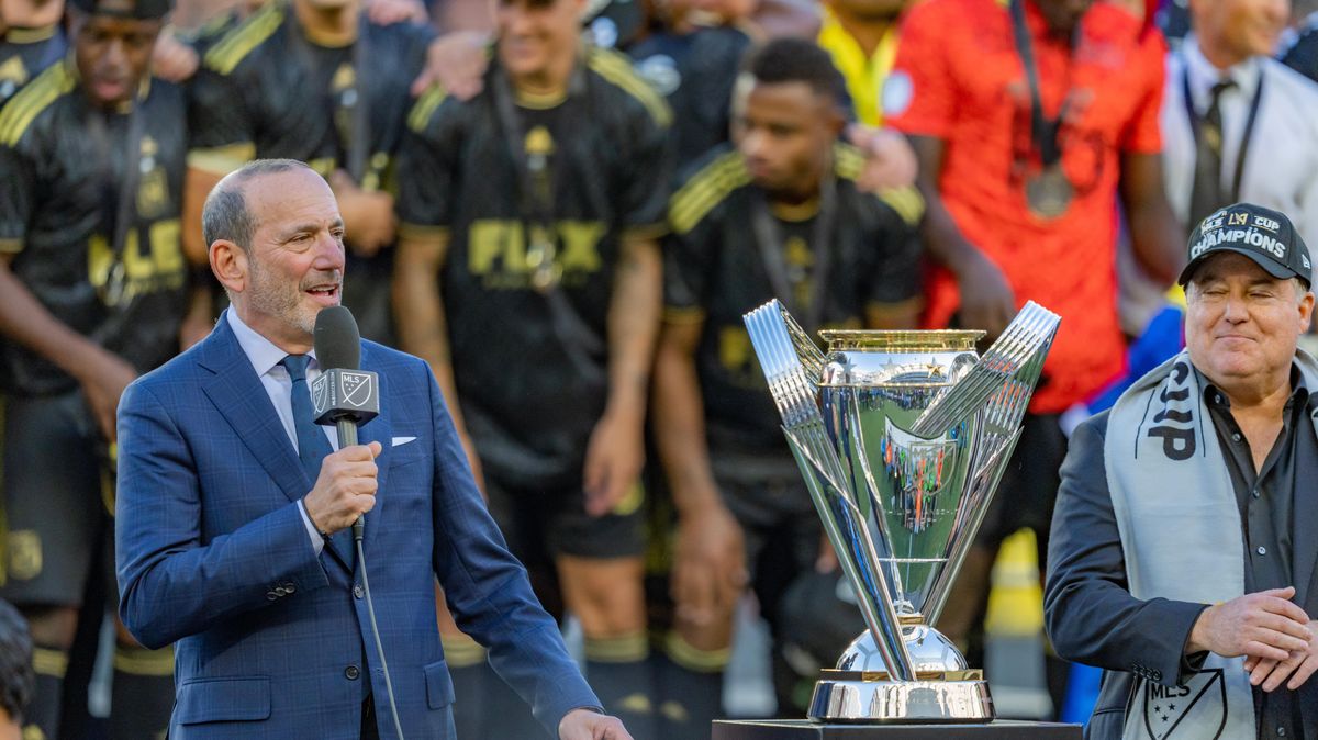 MLS Commissioner Don Garber presents the  MLS Cup during the MLS Cup Final game between Philadelphia Union and Los Angeles FC  on Nov. 5, 2022, in Los Angeles.