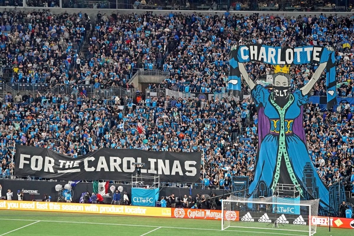 Mar 5, 2022; Charlotte, North Carolina, USA; The Tifo is raised before the match between the Los Angeles Galaxy and Charlotte FC at Bank of America Stadium.