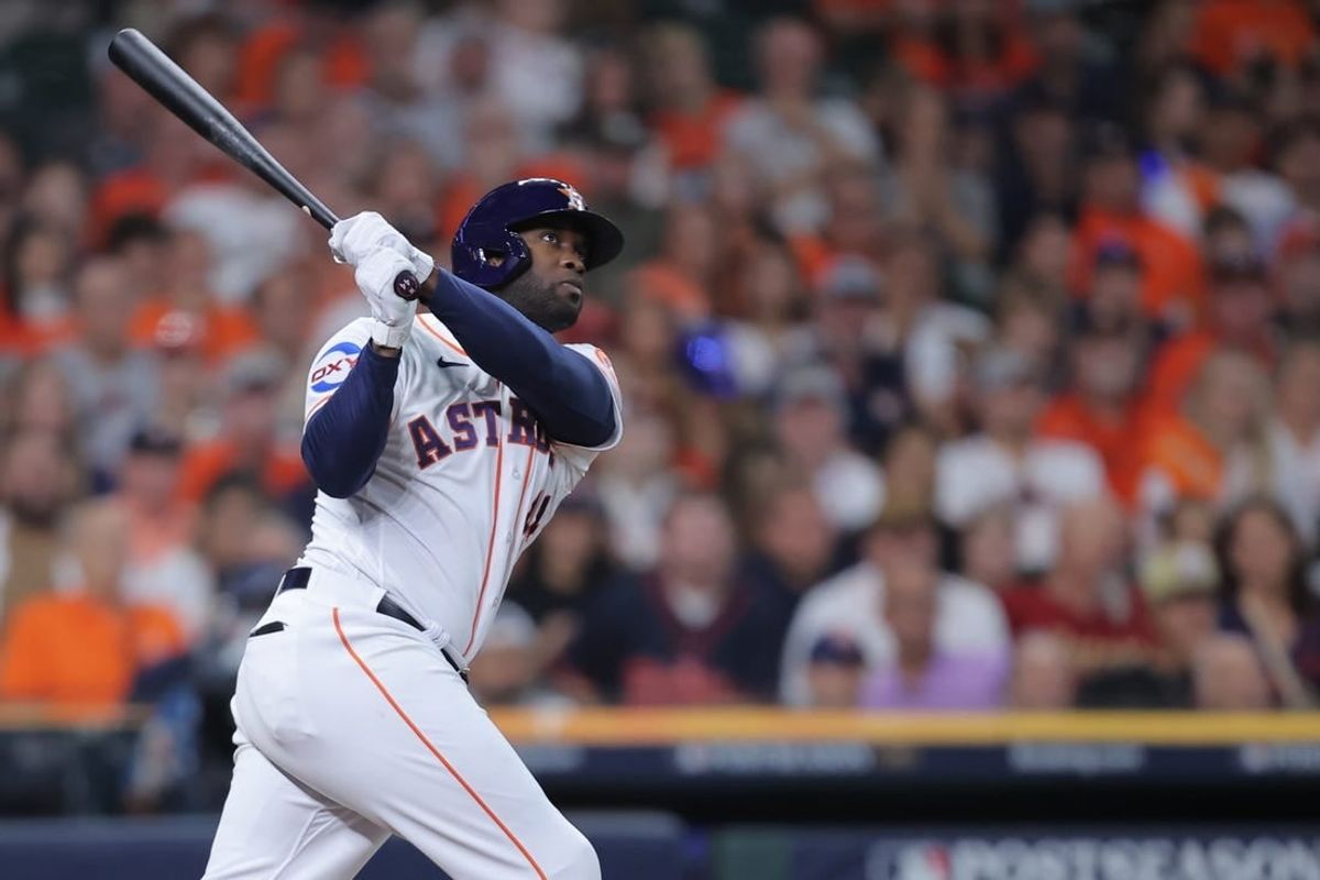 Oct 7, 2023; Houston, Texas, USA; Houston Astros left fielder Yordan Alvarez (44) hits a home-run in the seventh inning against the Minnesota Twins during game one of the ALDS for the 2023 MLB playoffs at Minute Maid Park.