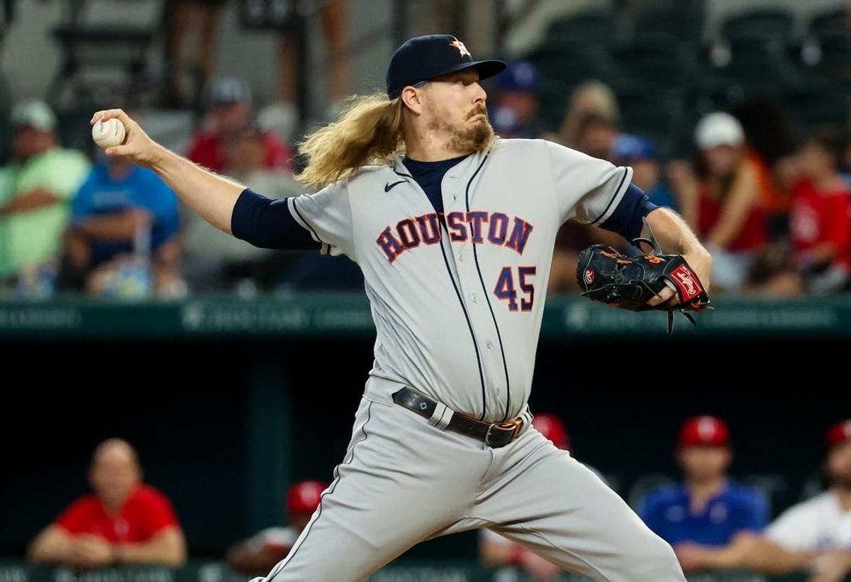 Sep 4, 2023; Arlington, Texas, USA;  Houston Astros relief pitcher Ryne Stanek (45) throws during the ninth inning against the Texas Rangers at Globe Life Field.