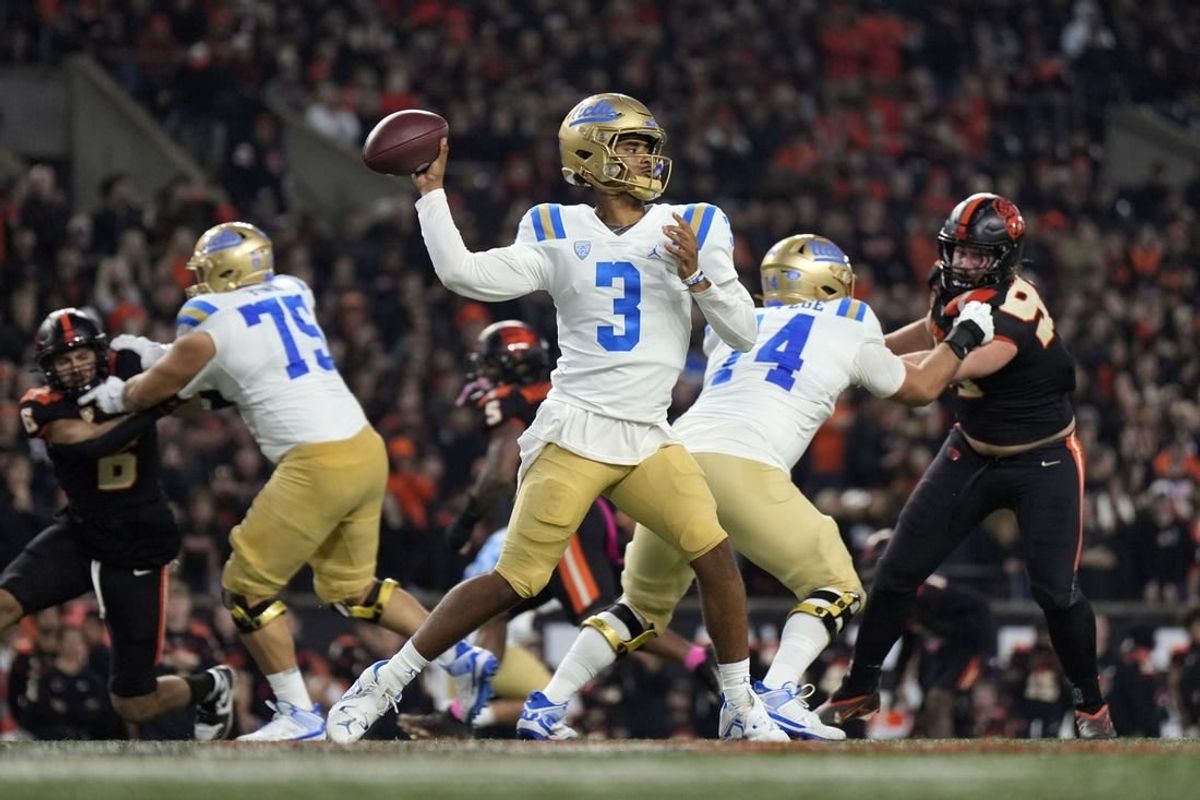 Oct 14, 2023; Corvallis, Oregon, USA; UCLA Bruins quarterback Dante Moore (3) throws the ball during the second half against the Oregon State Beavers at Reser Stadium.