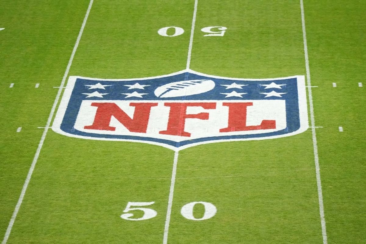 Nov 5, 2023; Frankfurt, Germany; The NFL shield logo at midfield during an NFL International Series game at Deutsche Bank Park.