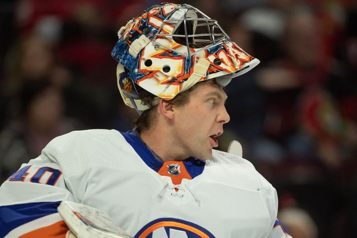 Nov 24 2023; Ottawa, Ontario, CAN; New York Islanders goalie Semyon Varlamov (40) calls out during the first period against the Ottawa Senators at the Canadian Tire Centre.