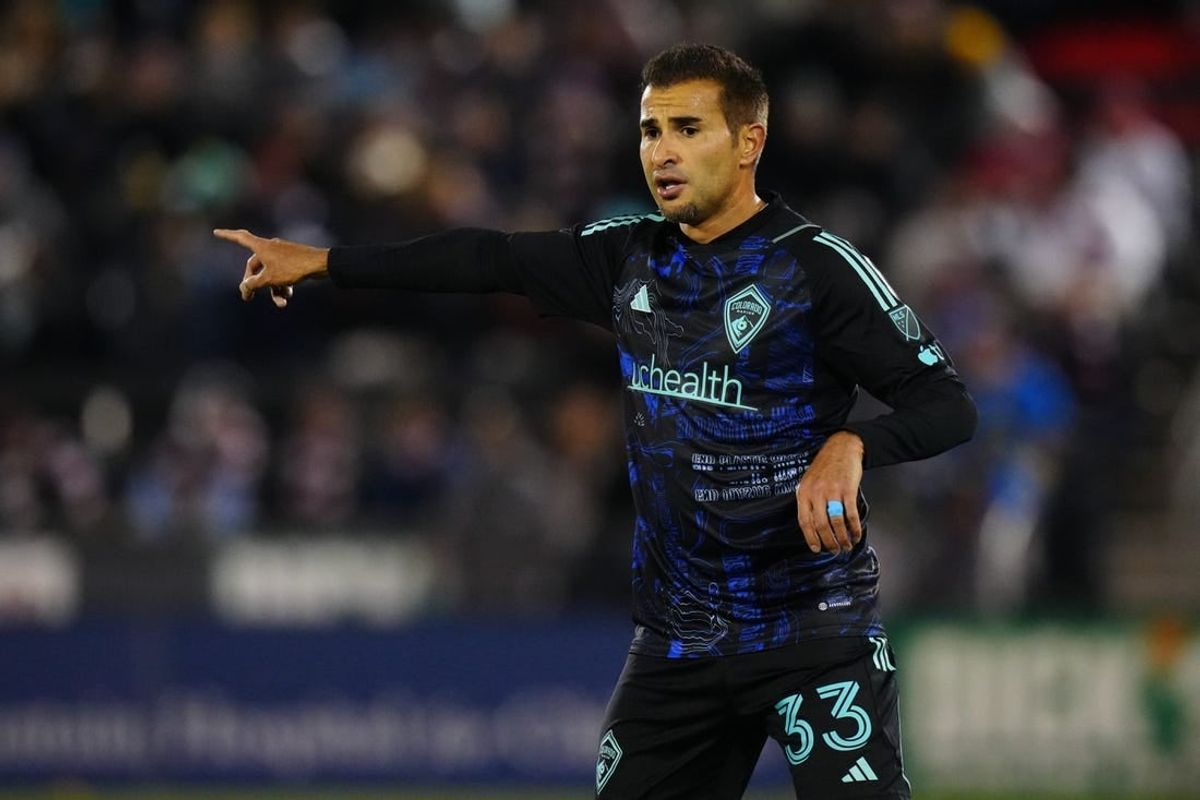 Apr 22, 2023; Commerce City, Colorado, USA; Colorado Rapids defender Steven Beitashour (33) reacts during the game at Dick's Sporting Goods Park.