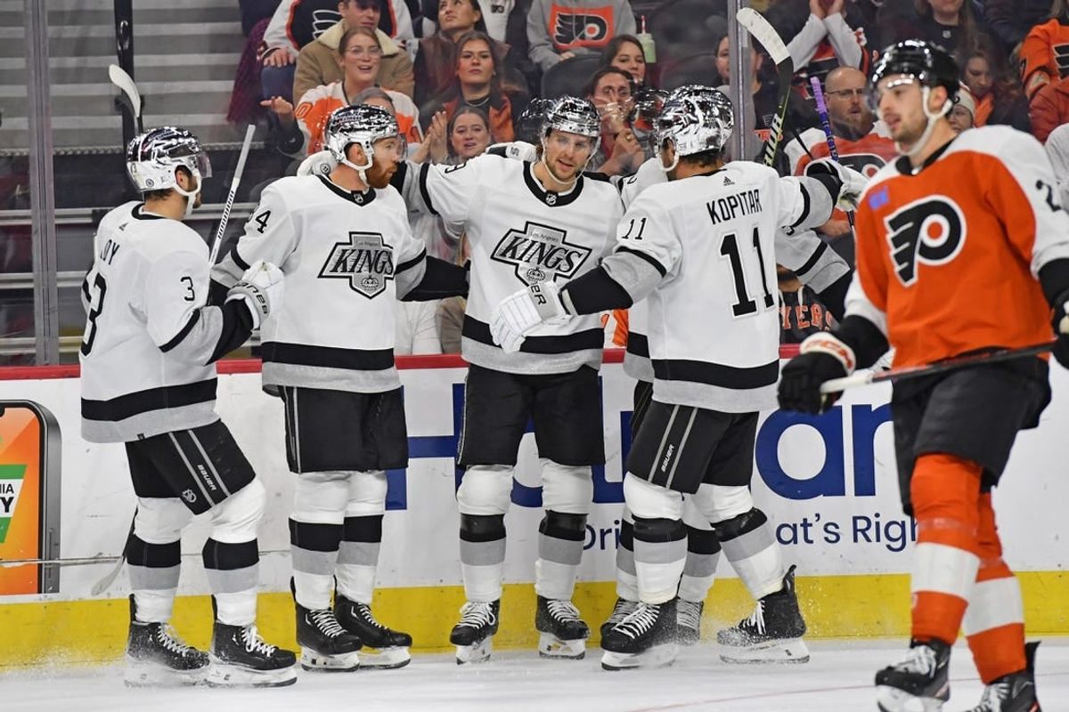 Nov 4, 2023; Philadelphia, Pennsylvania, USA; Los Angeles Kings center Adrian Kempe (9) celebrates his goal with teammates against the Philadelphia Flyers during the first period at Wells Fargo Center.