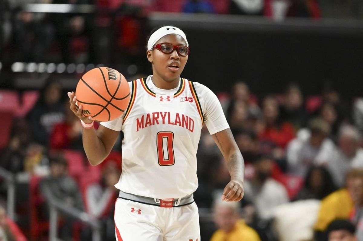 Feb 29, 2024; College Park, Maryland, USA;  Maryland Terrapins guard Shyanne Sellers (0) dribbles up the court to the offense during the first half against the Wisconsin Badgers at Xfinity Center.