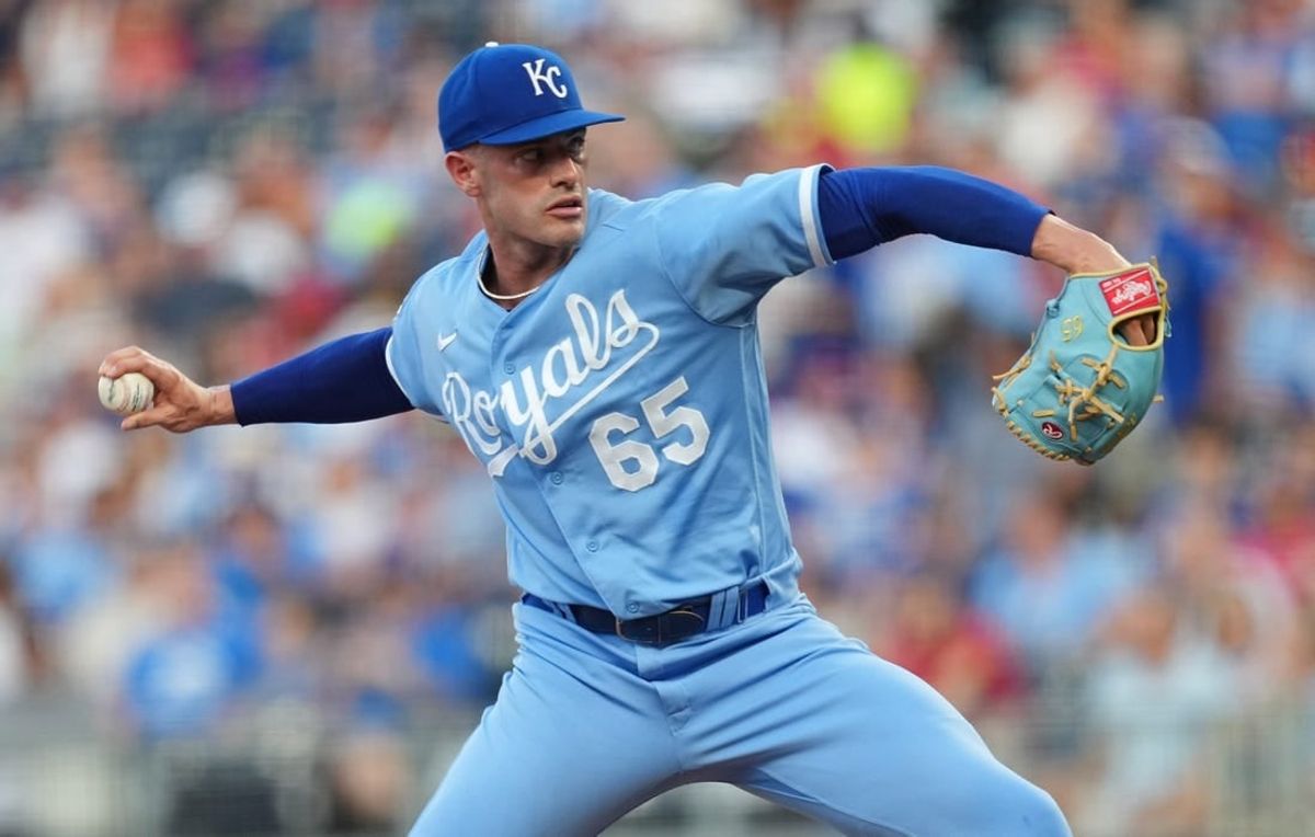 Aug 11, 2023; Kansas City, Missouri, USA; Kansas City Royals relief pitcher Dylan Coleman (65) pitches during the first inning against the St. Louis Cardinals at Kauffman Stadium.