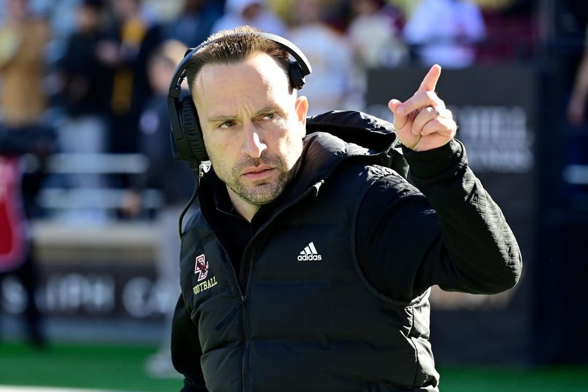 Nov 11, 2023; Chestnut Hill, Massachusetts, USA; Boston College Eagles head coach Jeff Hafley acknowledges the fans during the first half against the Virginia Tech Hokies at Alumni Stadium.