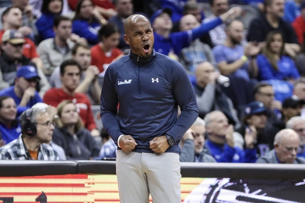 Dec 9, 2023; Newark, New Jersey, USA; Seton Hall Pirates head coach Shaheen Holloway reacts after the Rutgers Scarlet Knights call a timeout in the first half at Prudential Center.