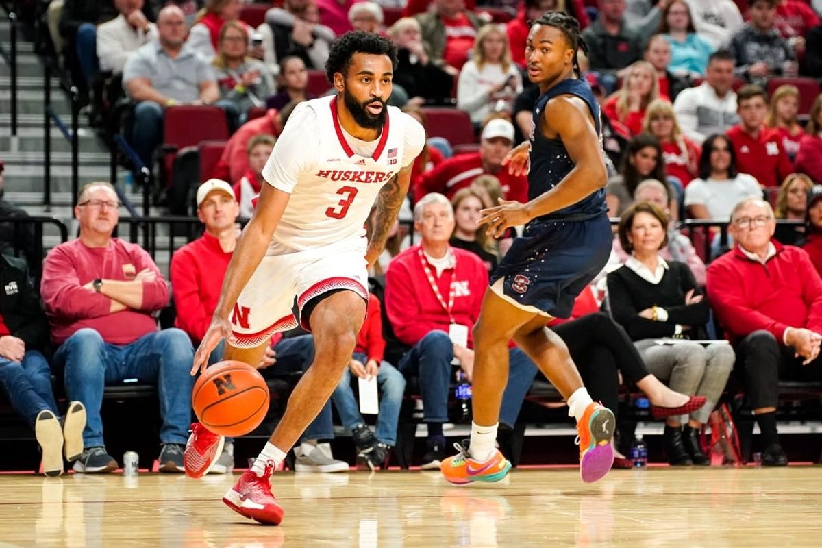 Dec 29, 2023; Lincoln, Nebraska, USA; Nebraska Cornhuskers guard Brice Williams (3) drives to the hoop against the South Carolina State Bulldogs during the first half at Pinnacle Bank Arena.