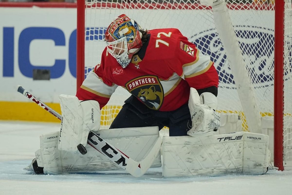 Feb 20, 2024; Sunrise, Florida, USA; Florida Panthers goaltender Sergei Bobrovsky (72) makes a save against the Ottawa Senators during the first period at Amerant Bank Arena.