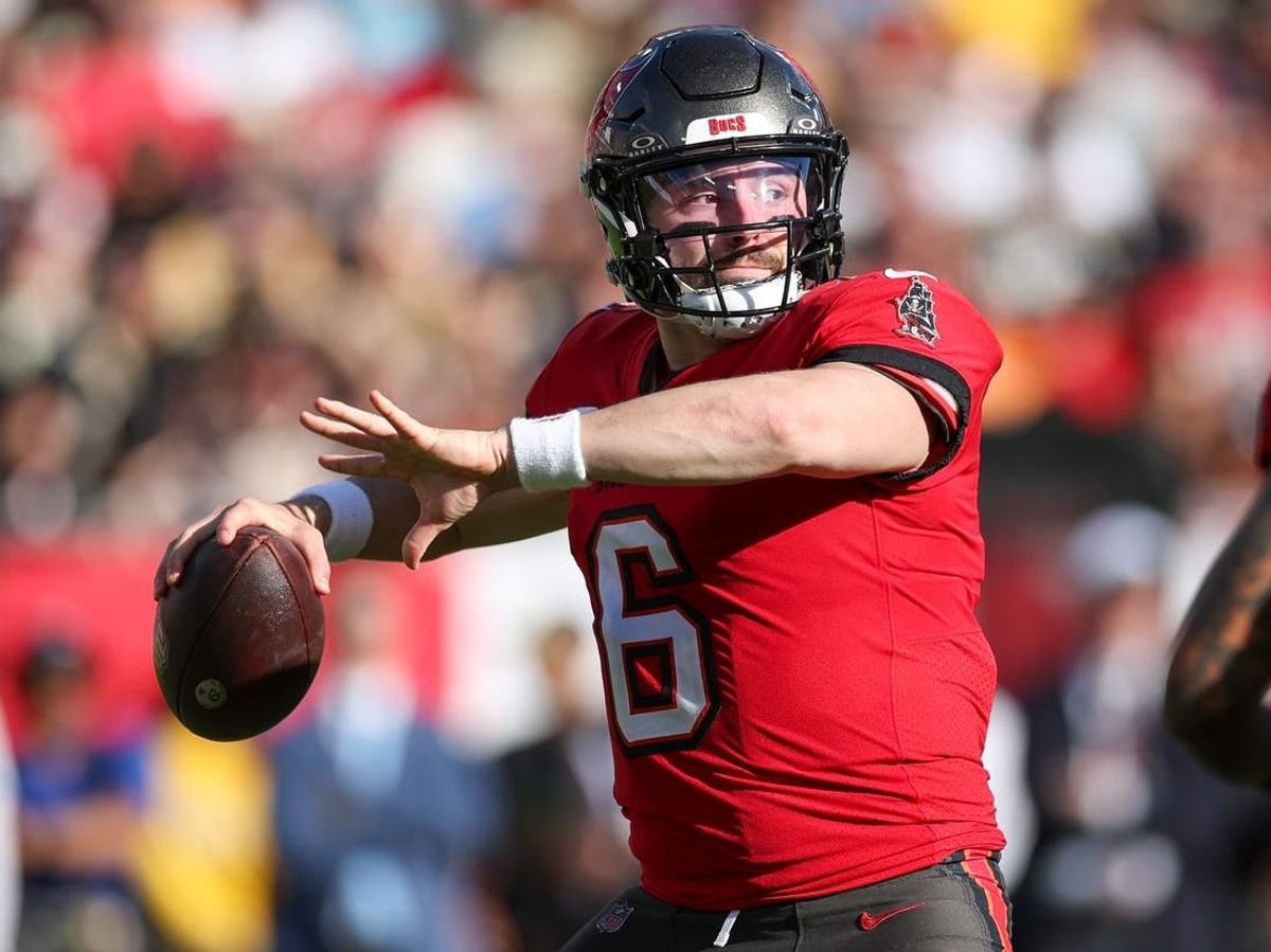 Dec 31, 2023; Tampa, Florida, USA;  Tampa Bay Buccaneers quarterback Baker Mayfield (6) drops back to pass against the New Orleans Saints in the fourth quarter at Raymond James Stadium.