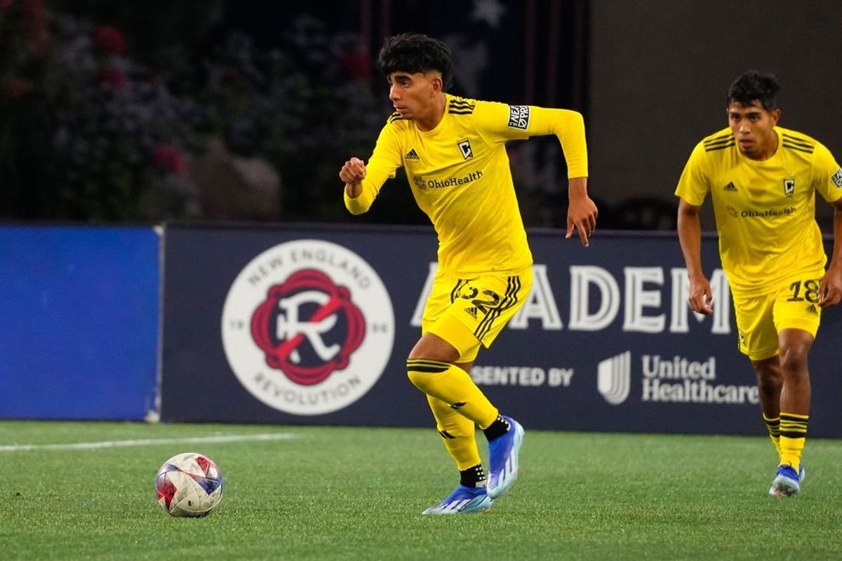 Oct 14, 2023; Foxborough, MA, USA; Columbus Crew 2 forward Taha Habroune (52) chases the ball against the New England Revolution II during the second half at Gillette Stadium.