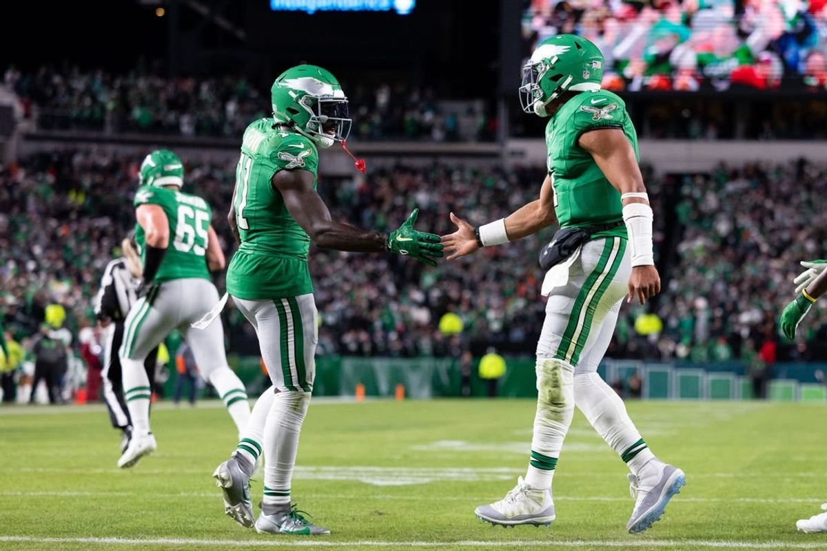 Oct 22, 2023; Philadelphia, Pennsylvania, USA; Philadelphia Eagles quarterback Jalen Hurts (1) and wide receiver A.J. Brown (11) shake hands after a touchdown drive against the Miami Dolphins during the fourth quarter at Lincoln Financial Field.