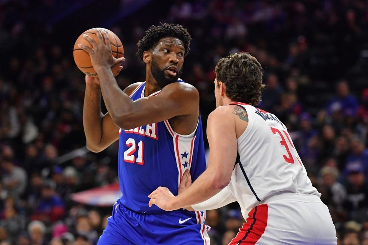 Dec 11, 2023; Philadelphia, Pennsylvania, USA; Philadelphia 76ers center Joel Embiid (21) is defended by Washington Wizards center Mike Muscala (35) during the first quarter at Wells Fargo Center.