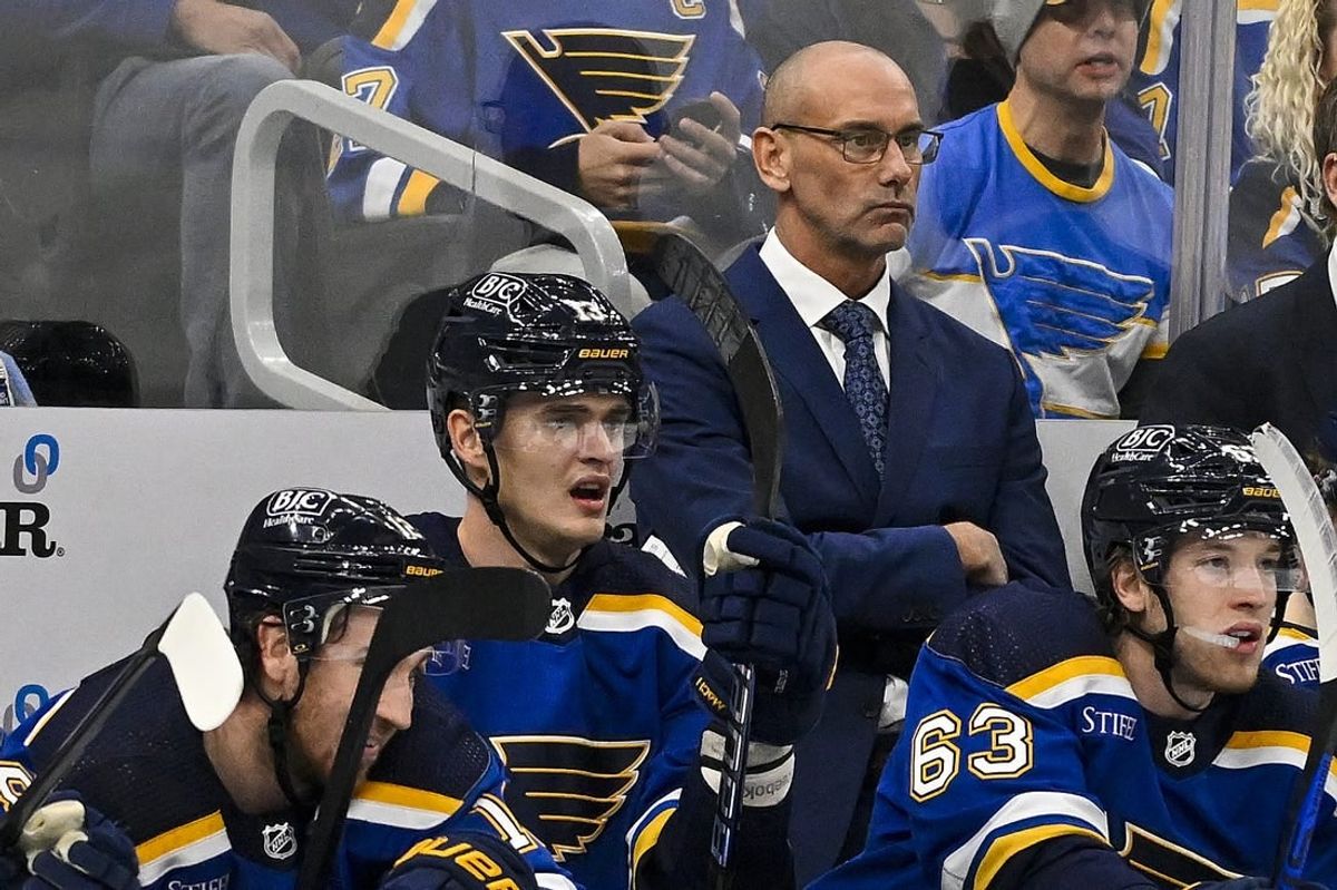 Dec 14, 2023; St. Louis, Missouri, USA;  St. Louis Blues interim head coach Drew Bannister looks on from the bench during the first period against the Ottawa Senators at Enterprise Center.