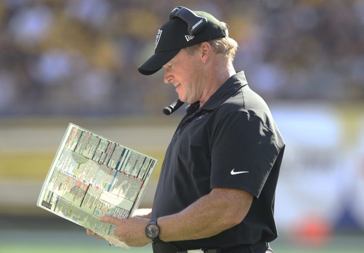Sep 19, 2021; Pittsburgh, Pennsylvania, USA;  Las Vegas Raiders head coach Jon Gruden looks at his play chart against the Pittsburgh Steelers during the fourth quarter at Heinz Field. Las Vegas won 26-17.