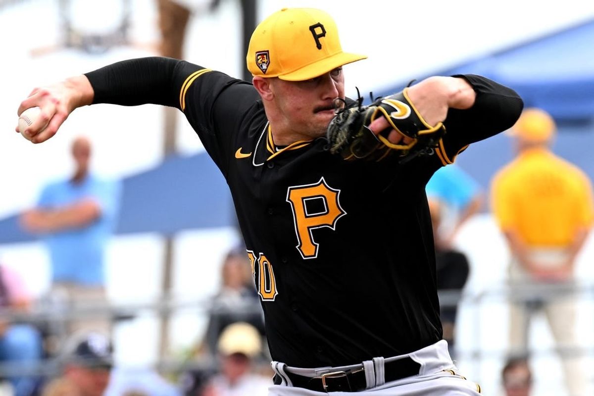 Mar 3, 2024; North Port, Florida, USA; Pittsburgh Pirates pitcher Paul Skenes (30) throws a pitch in the fourth inning of the spring training game against the Tampa Bay Rays at CoolToday Park.