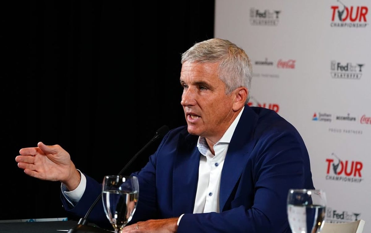 Aug 22, 2023; Atlanta, Georgia, USA; PGA Tour Commissioner Jay Monahan addresses the media during a press conference in the Clubhouse Ballroom at East Lake Golf Club prior to Thursday   s start of the TOUR Championship golf tournament.