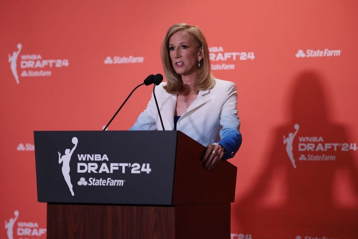 Apr 15, 2024; Brooklyn, NY, USA; WNBA commissioner Cathy Engelbert speaks before the 2024 WNBA Draft at Brooklyn Academy of Music.